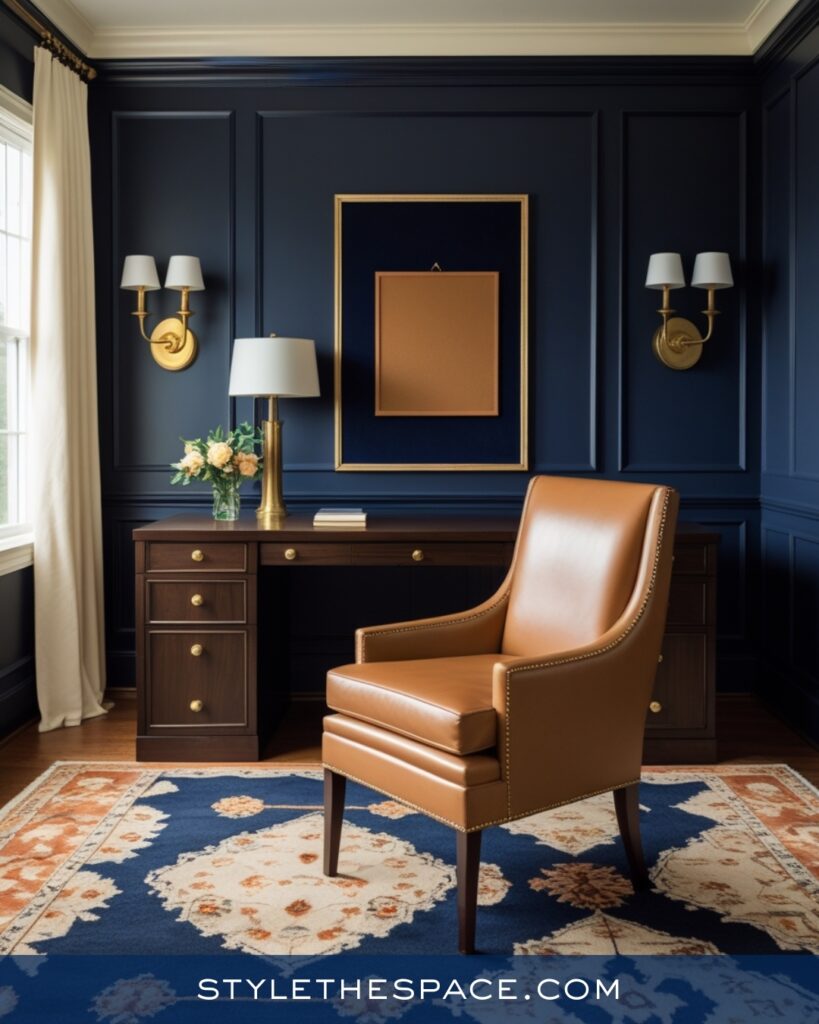 Classic Navy Blue Home Office With Warm Leather Accents