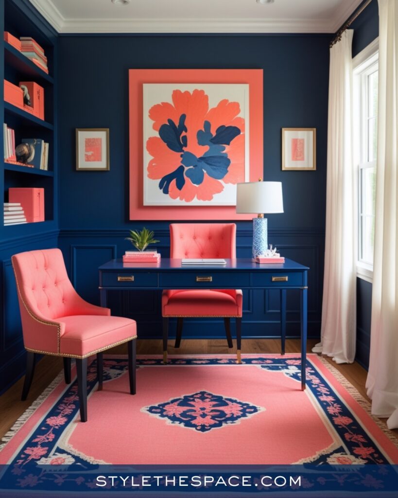 Navy Blue Home Office With Coral Pink Accents