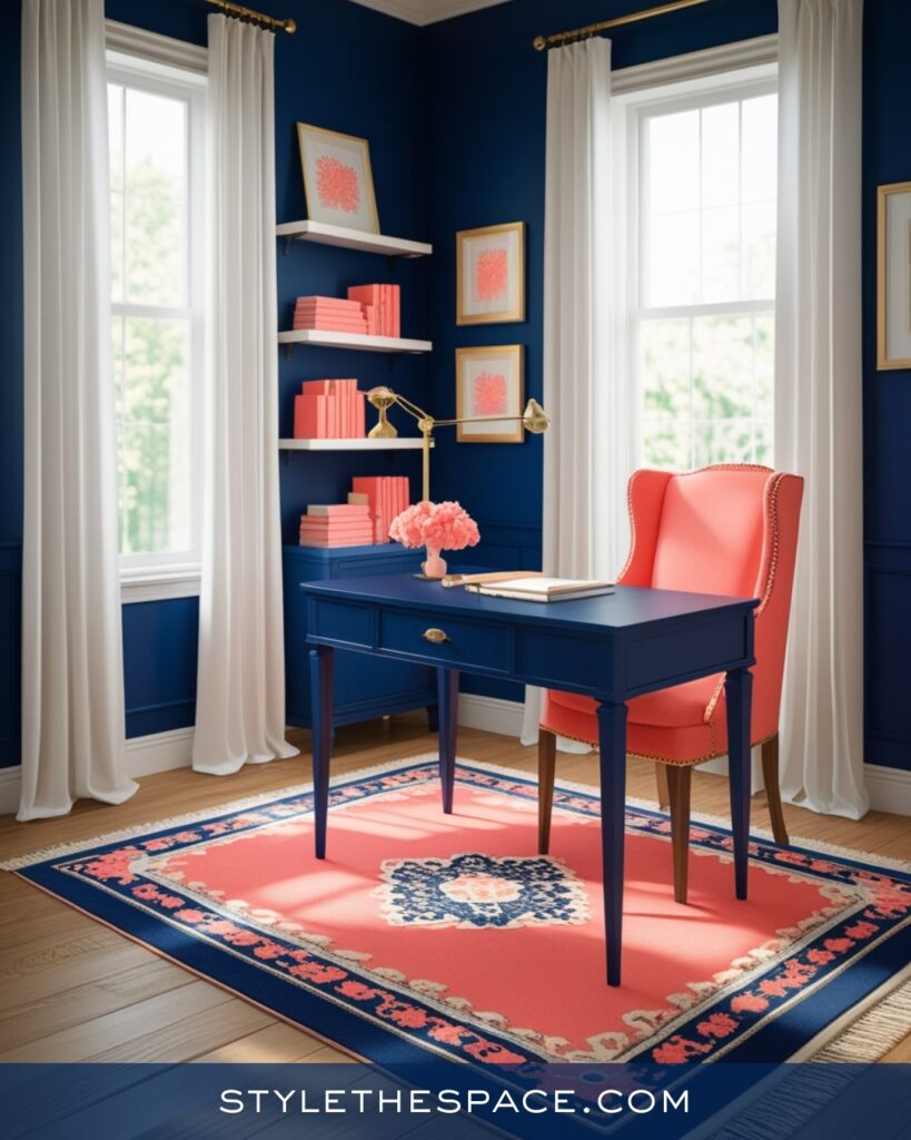 Navy Blue Home Office With Coral Pink Accents