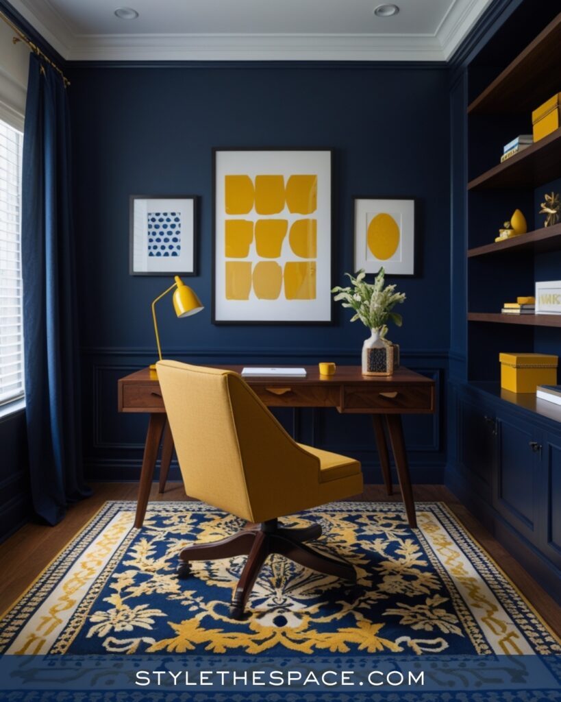 Navy Blue Home Office With Warm Mustard Accents