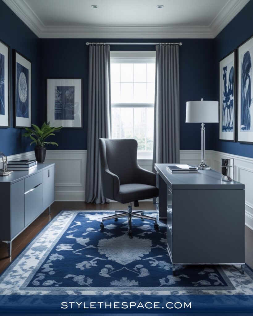 Modern Navy Blue Home Office in Cool Neutrals
