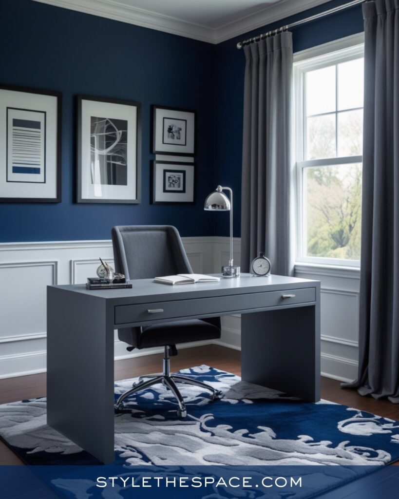 Modern Navy Blue Home Office in Cool Neutrals