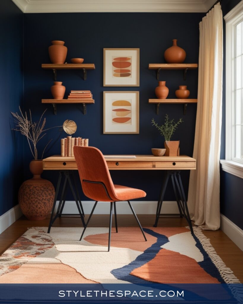 Navy Blue Home Office With Terracotta and Natural Wood