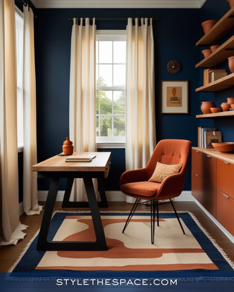 Navy Blue Home Office With Terracotta and Natural Wood