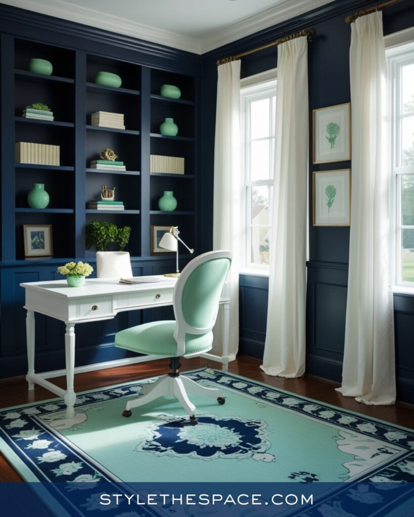 Navy Blue Home Office With Fresh Mint Accents