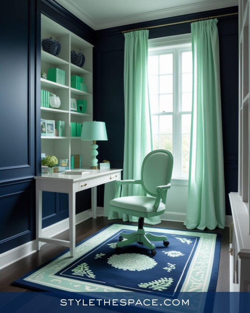 Navy Blue Home Office With Fresh Mint Accents