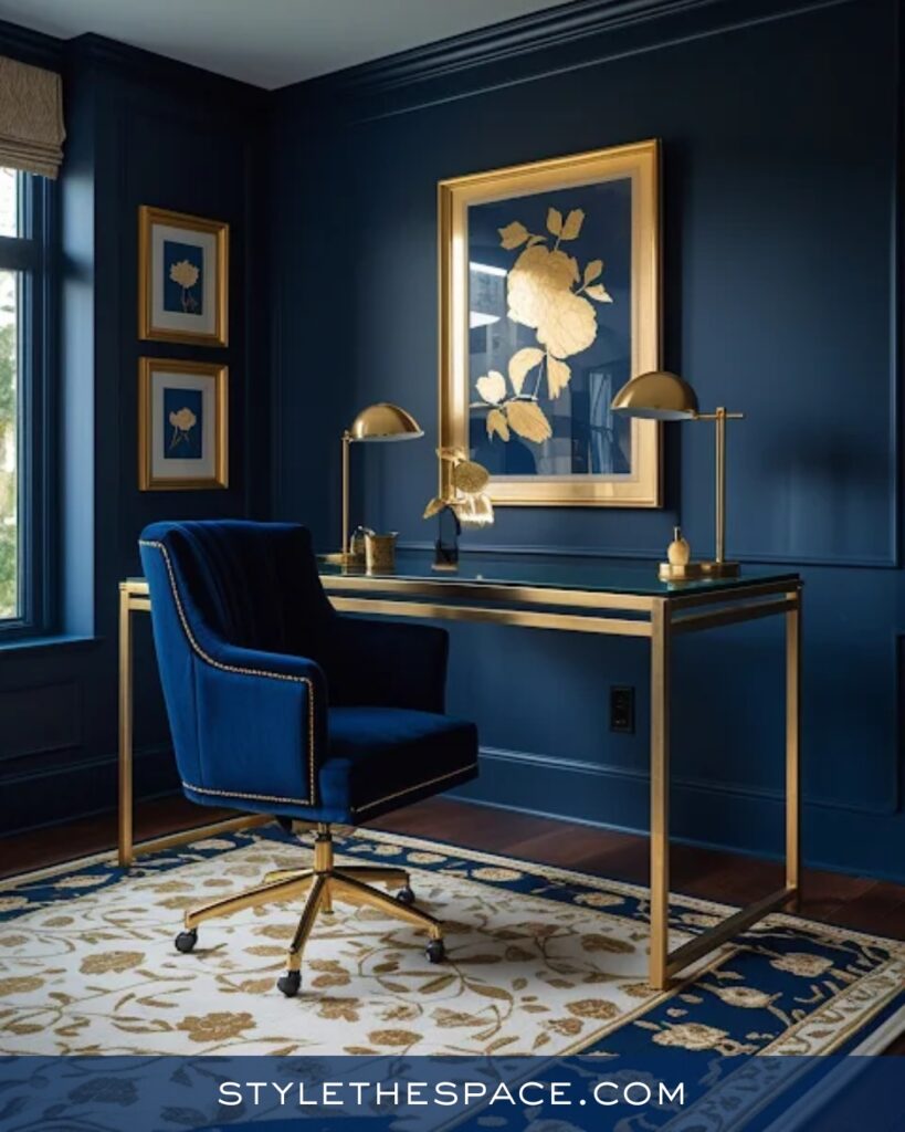 Elegant Navy Blue Home Office With Gold Details
