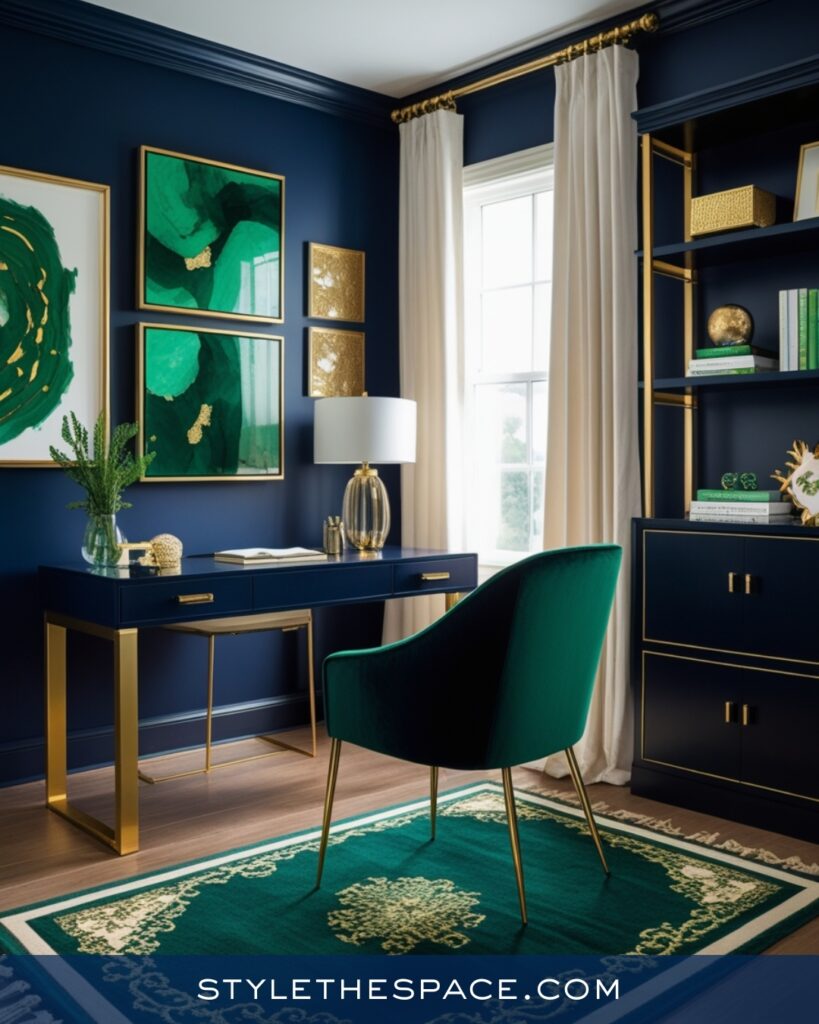 Navy Blue Home Office With Emerald Green and Gold