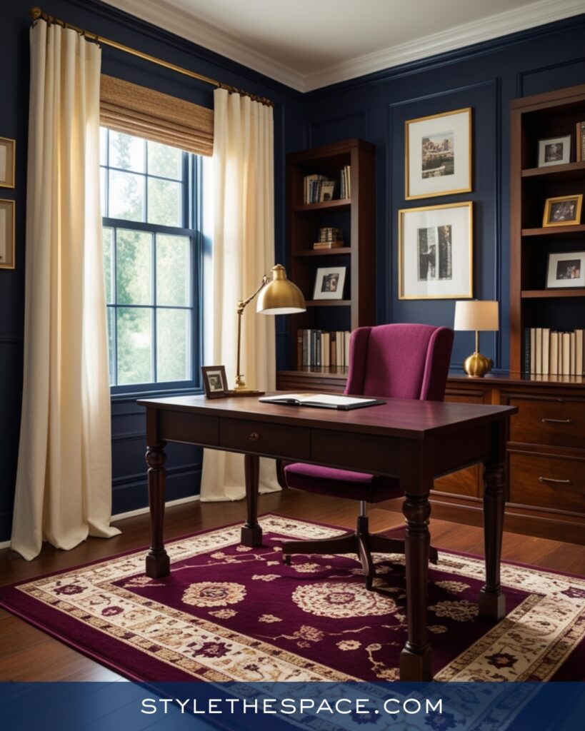 Navy Blue Home Office With Plum and Classic Wood