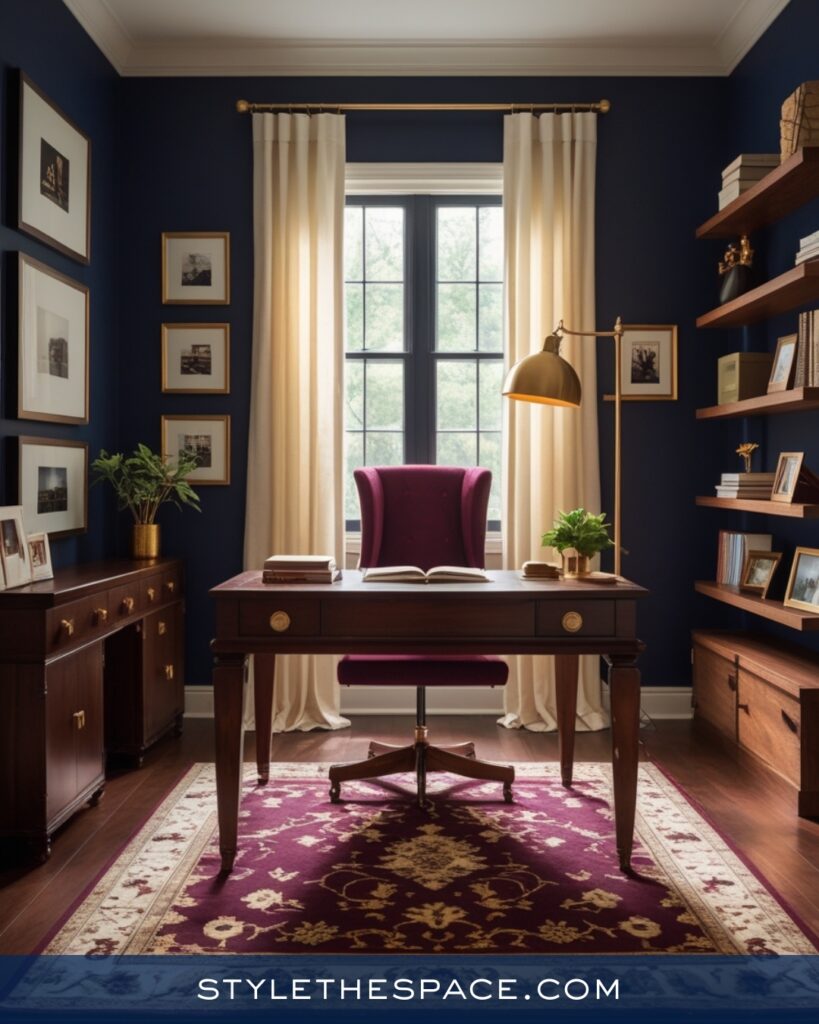 Navy Blue Home Office With Plum and Classic Wood