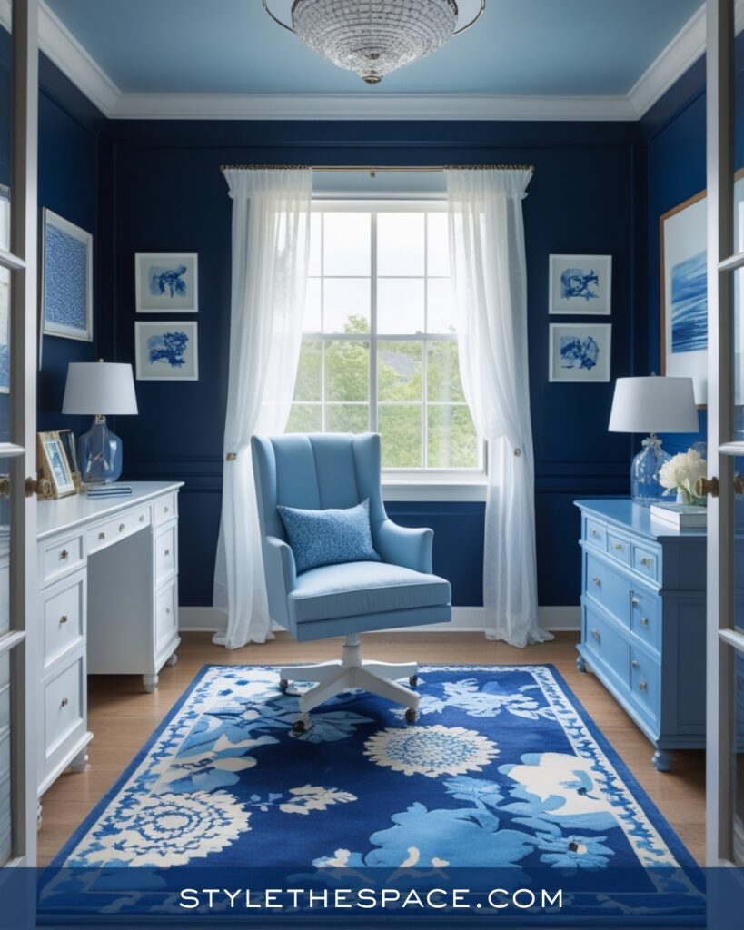 Navy Blue Home Office With Soft Blue and White Layers
