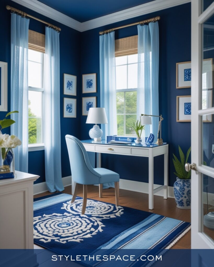 Navy Blue Home Office With Soft Blue and White Layers