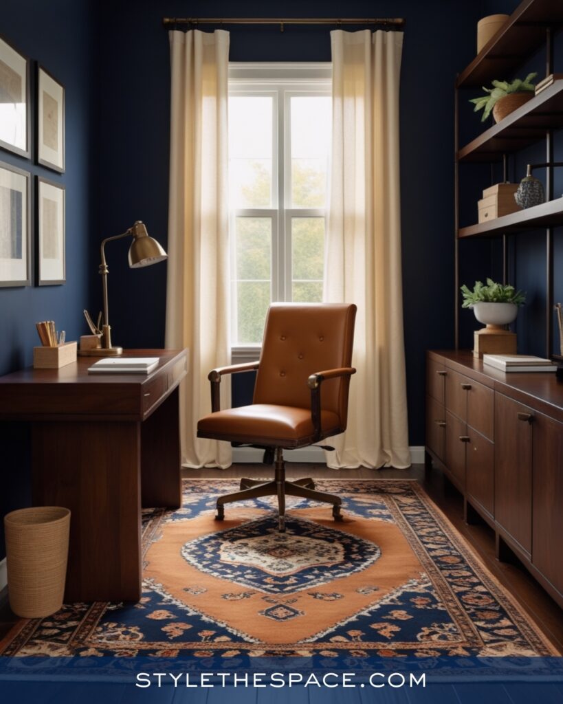Navy Blue Home Office With Cognac Leather and Warm Neutrals
