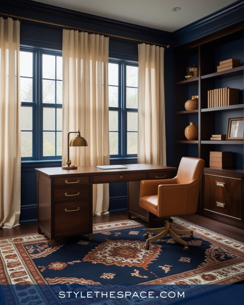 Navy Blue Home Office With Cognac Leather and Warm Neutrals