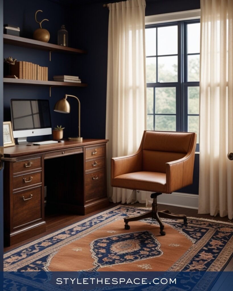 Navy Blue Home Office With Cognac Leather and Warm Neutrals