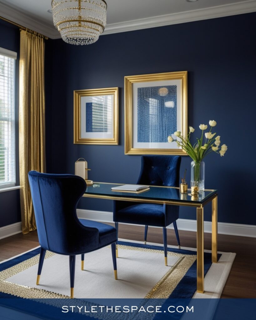 Elegant Navy Blue Home Office With Gold Details