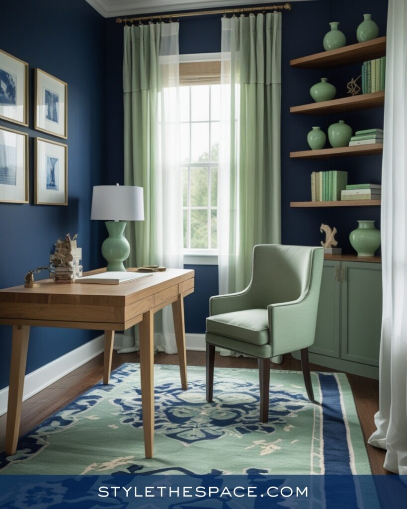 Navy Blue Home Office With Soft Sage Green Accents