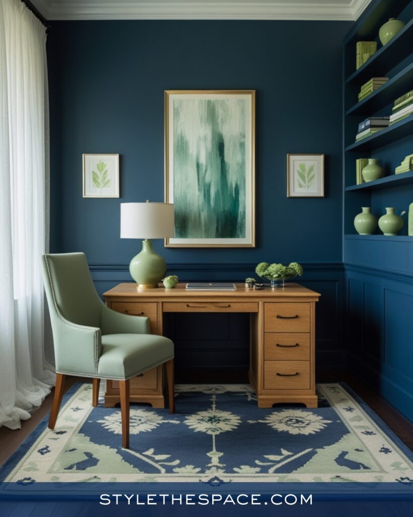 Navy Blue Home Office With Soft Sage Green Accents