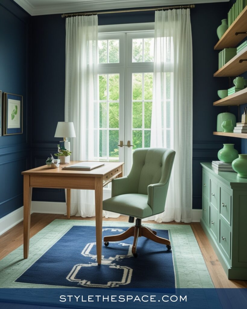 Navy Blue Home Office With Soft Sage Green Accents
