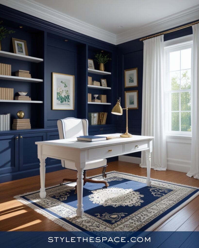 Classic Navy Blue Home Office With White and Brass