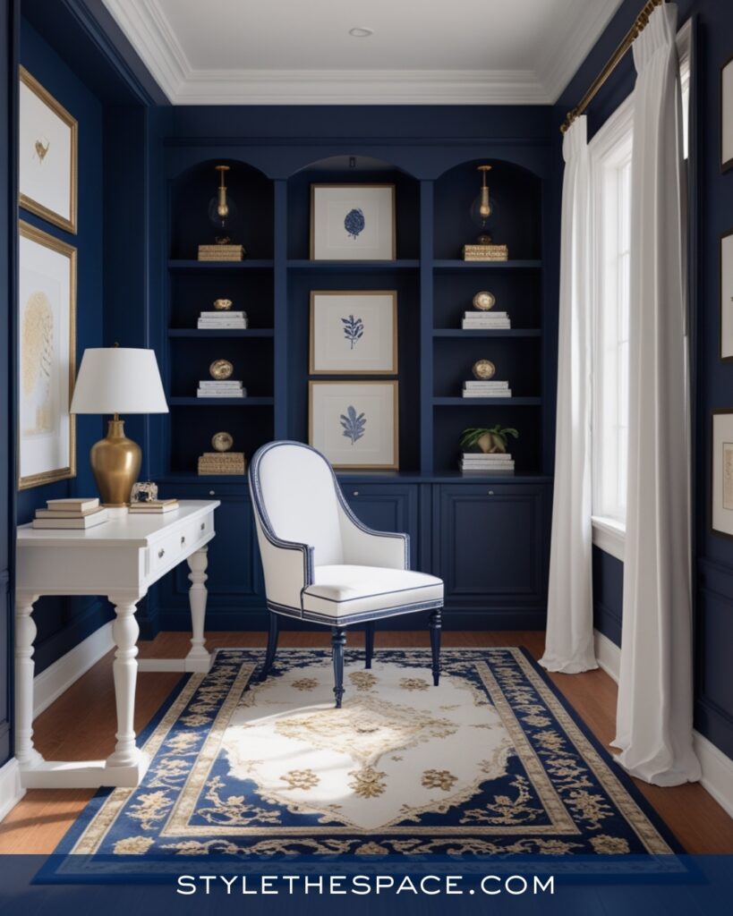 Classic Navy Blue Home Office With White and Brass