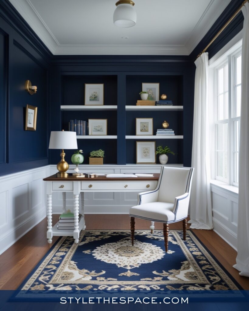 Classic Navy Blue Home Office With White and Brass