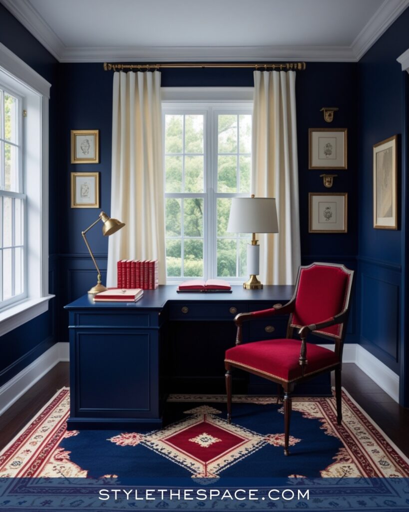 Navy Blue Home Office With Red and Gold Accents