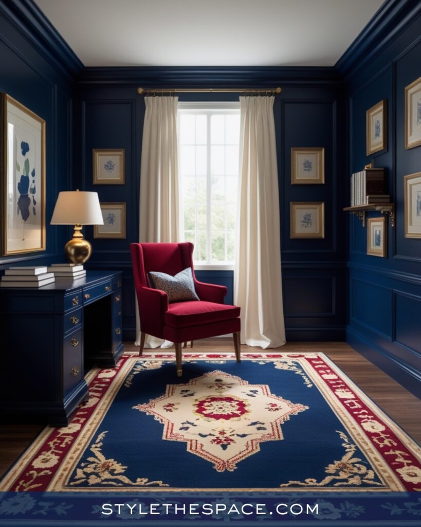 Navy Blue Home Office With Red and Gold Accents