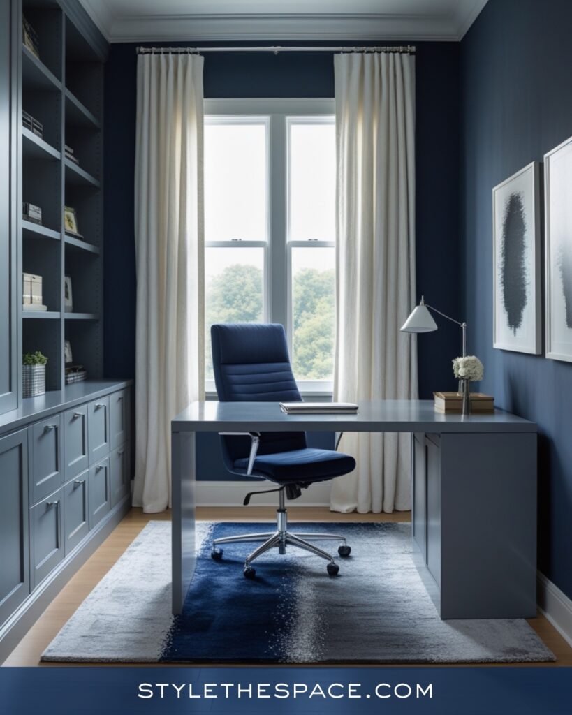 Modern Navy Blue Home Office With Cool Gray Tones