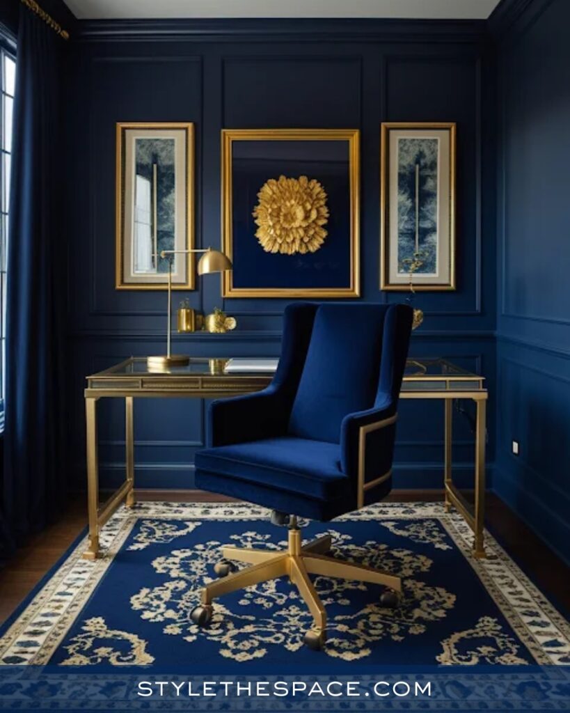 Elegant Navy Blue Home Office With Gold Details