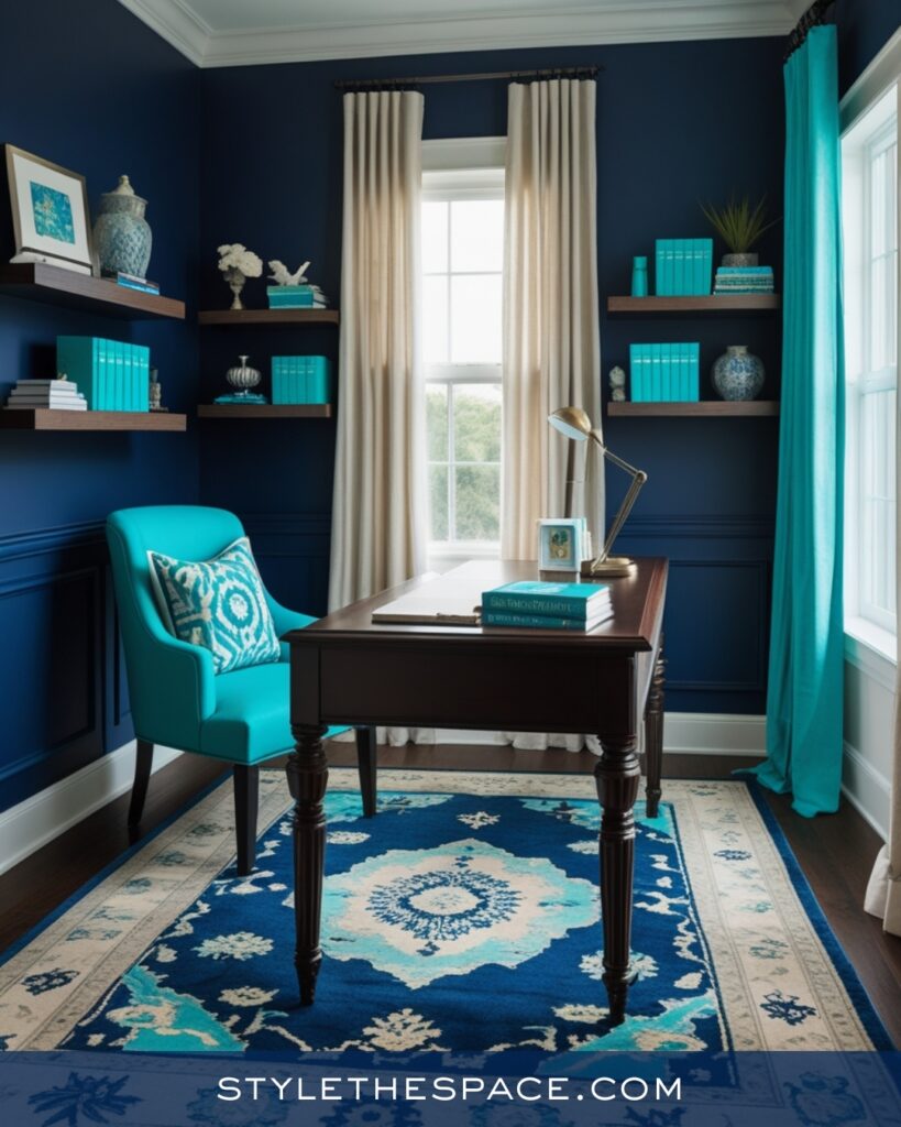 Navy Blue Home Office With Turquoise Accents