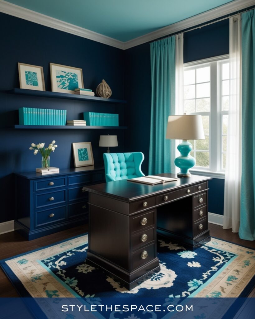 Navy Blue Home Office With Turquoise Accents