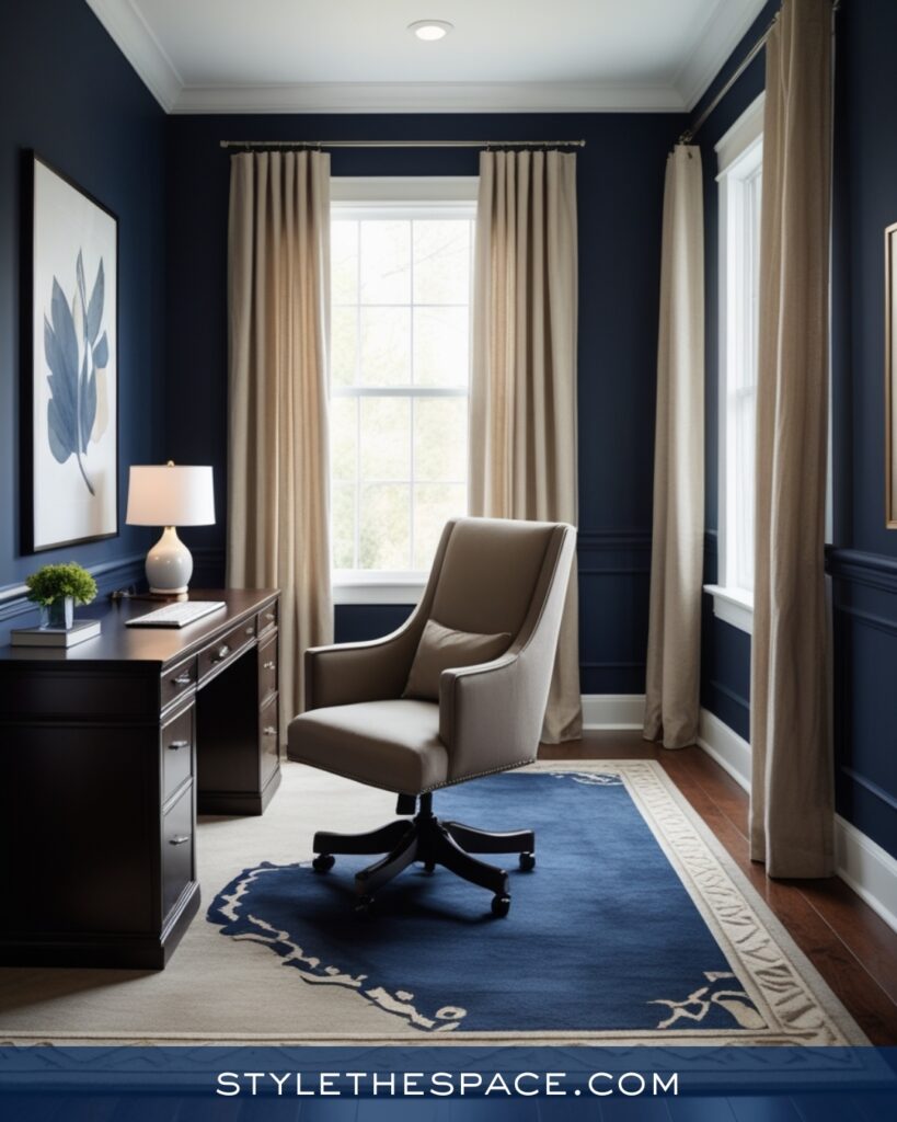 Elegant Navy Blue Home Office With Warm Neutrals