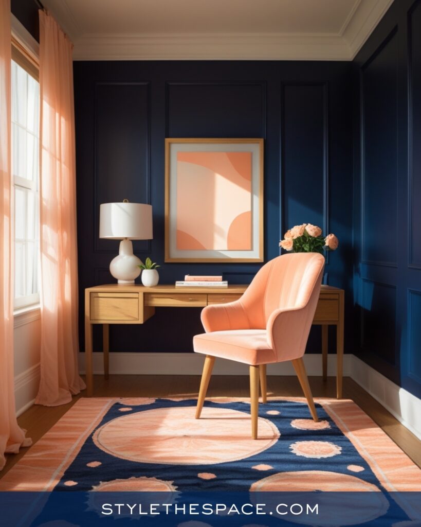 Navy Blue Home Office With Soft Peach Accents