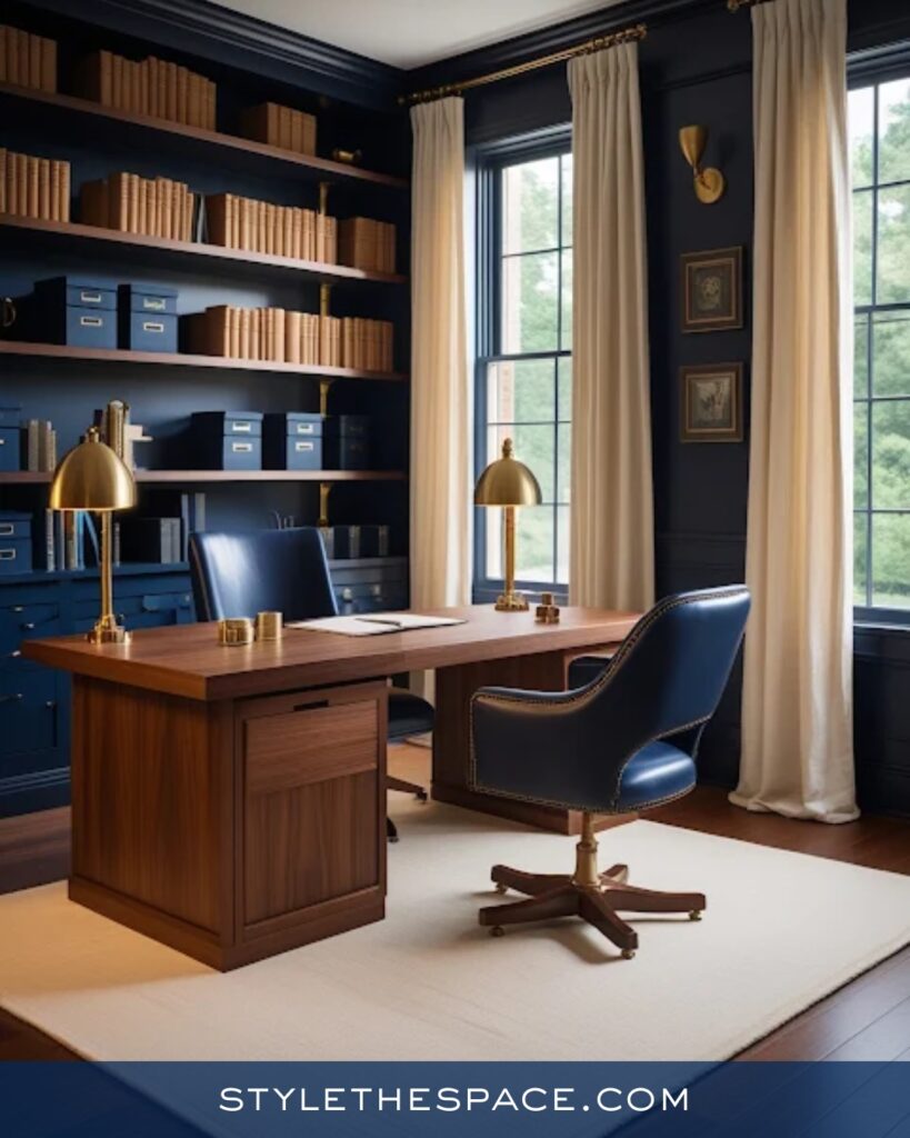 Classic Navy Blue Home Office With Warm Wood and Brass