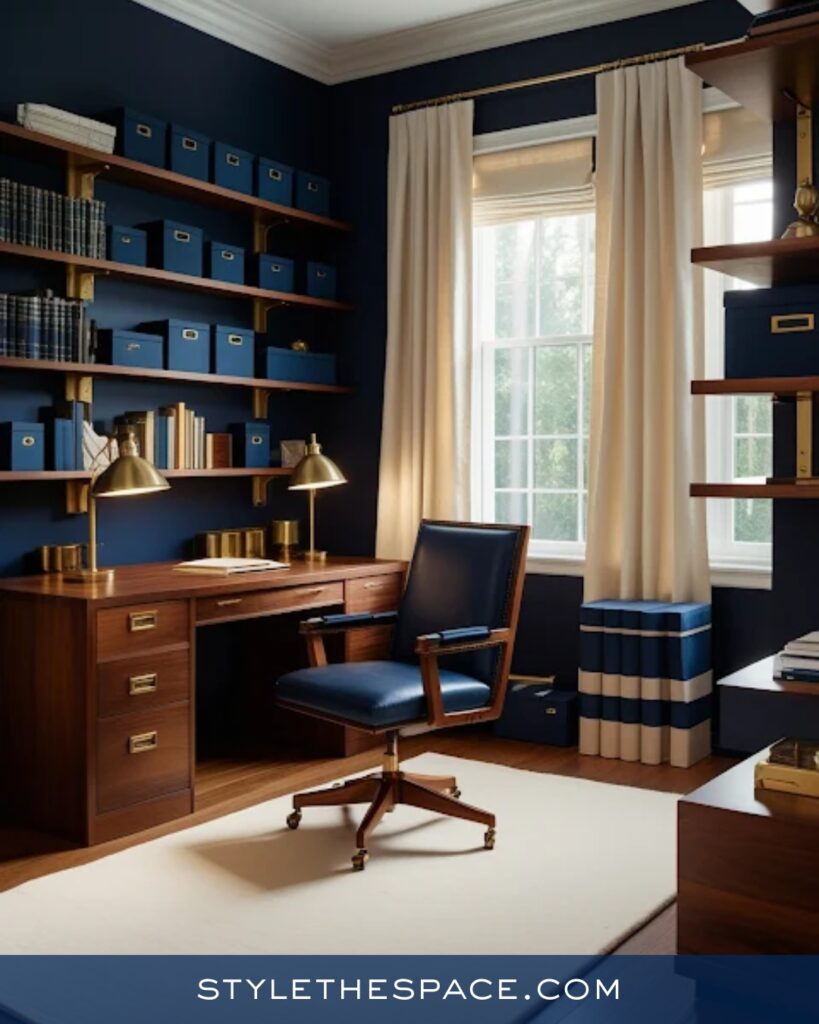 Classic Navy Blue Home Office With Warm Wood and Brass
