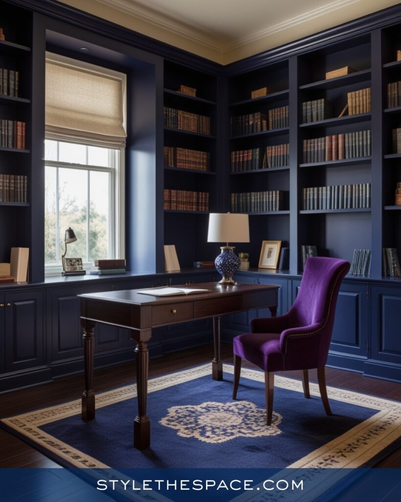Navy Blue Home Office With Rich Purple Accents