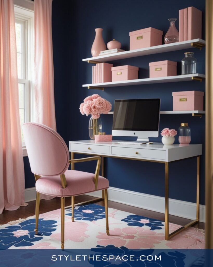 Soft Navy Blue Home Office With Blush Pink Accents