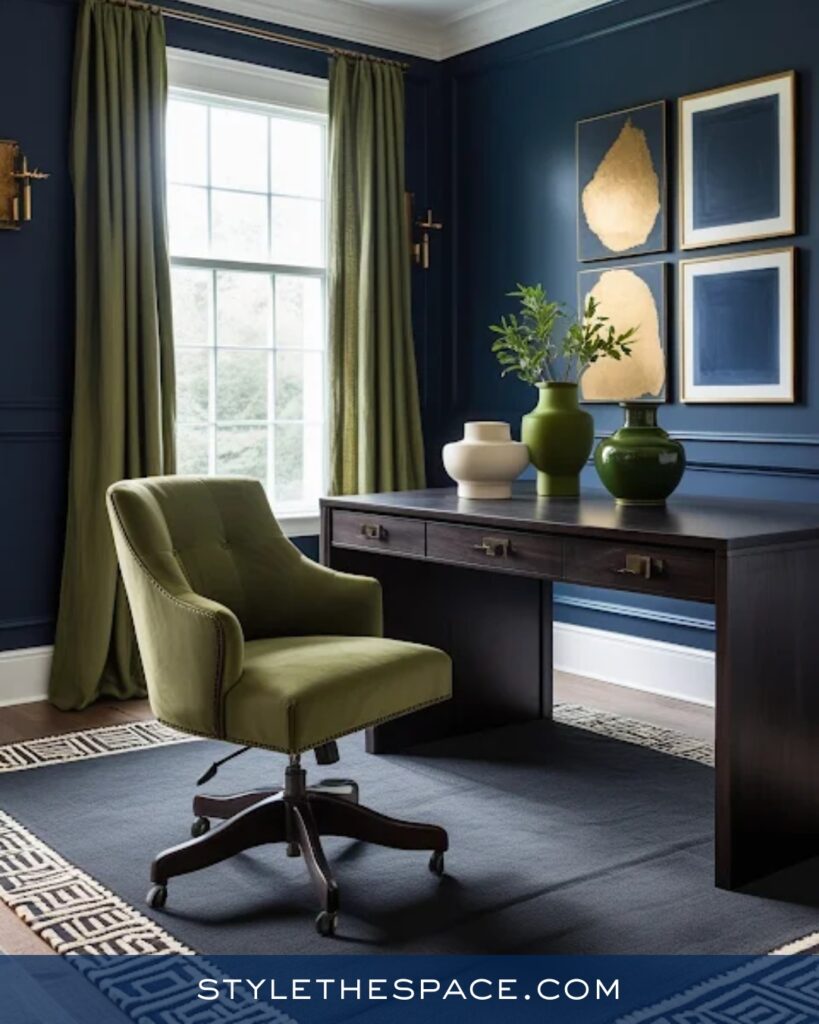 Navy Blue Home Office With Olive Green Accents