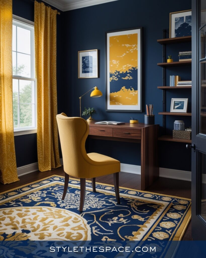 Navy Blue Home Office With Warm Mustard Accents