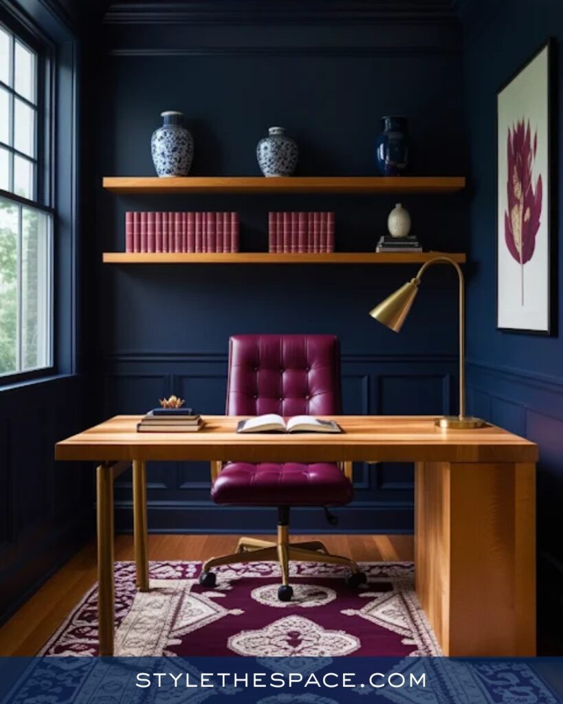 Navy Blue Home Office With Burgundy and Warm Wood