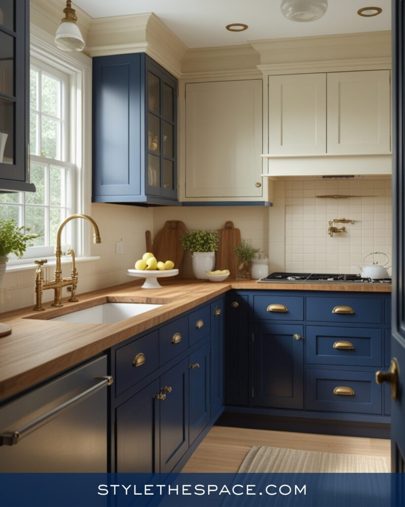 Classic Navy Blue Kitchen With Warm Wood Counters
