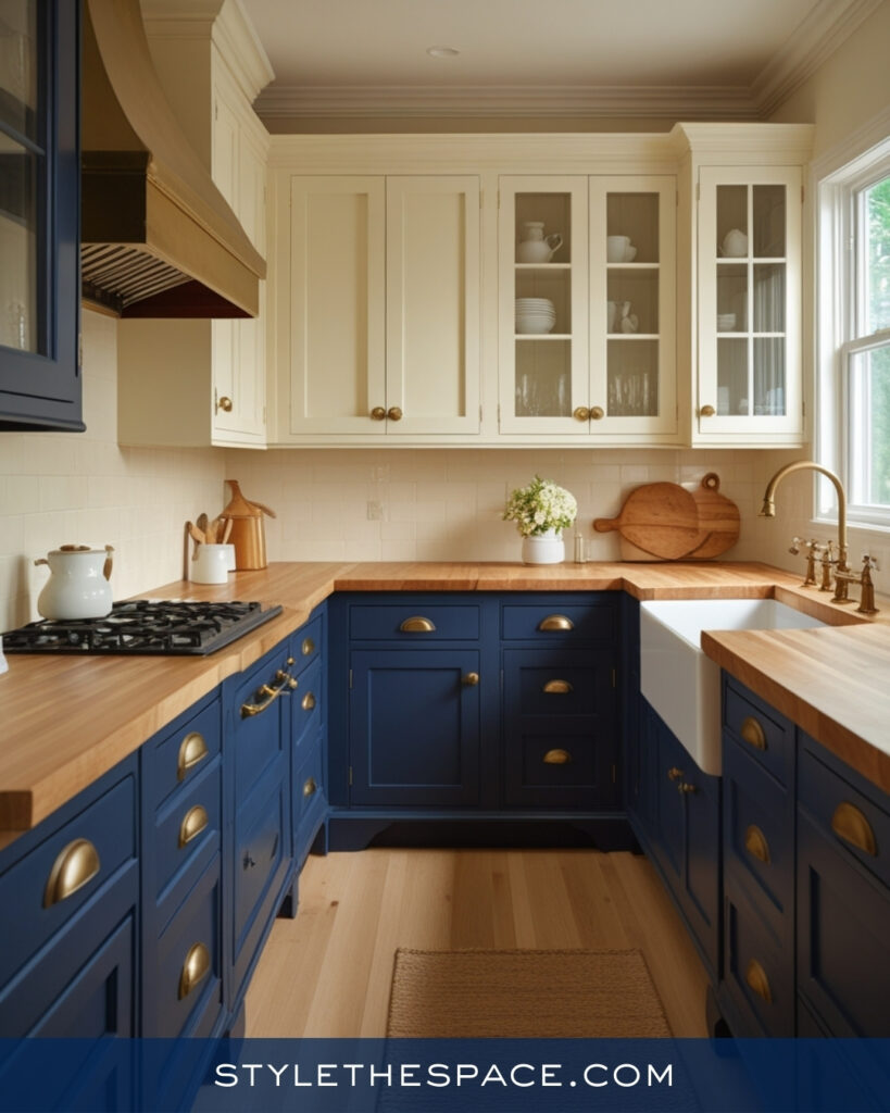 Classic Navy Blue Kitchen With Warm Wood Counters