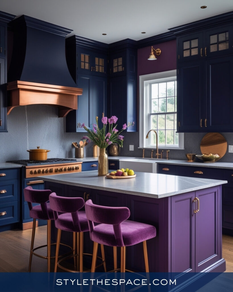 Navy Blue Kitchen With Plum and Brass Accents