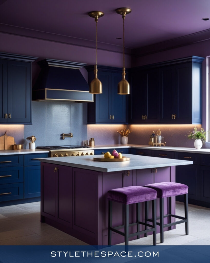 Navy Blue Kitchen With Plum and Brass Accents