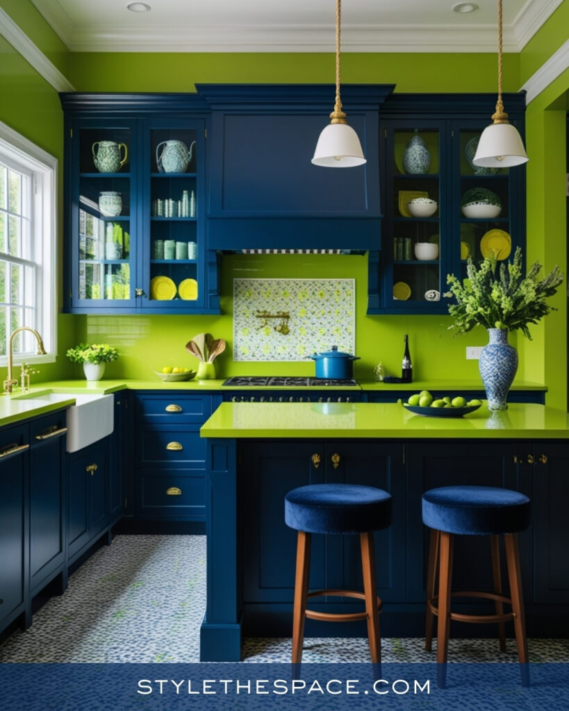 Bold Navy Blue Kitchen With Vibrant Green Accents