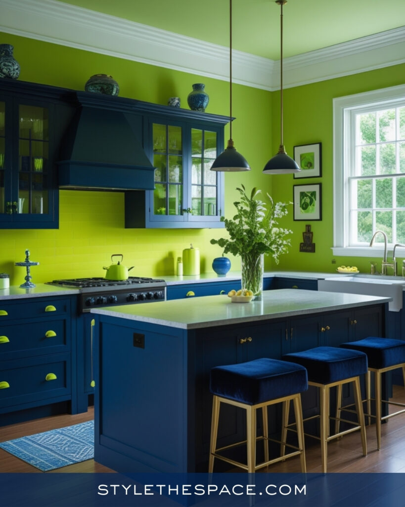 Bold Navy Blue Kitchen With Vibrant Green Accents