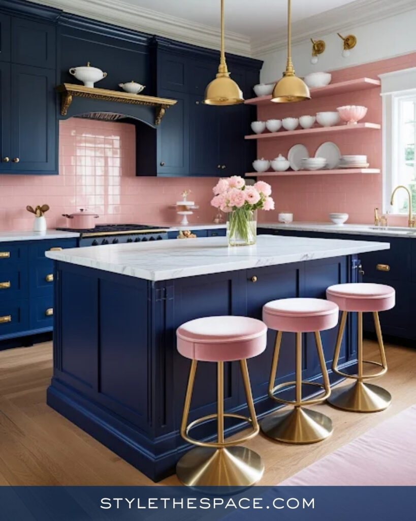 Navy Blue Kitchen With Soft Blush Pink Accents