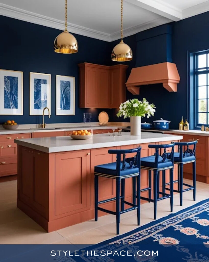 Classic Navy Blue Kitchen With Warm Terracotta Cabinets