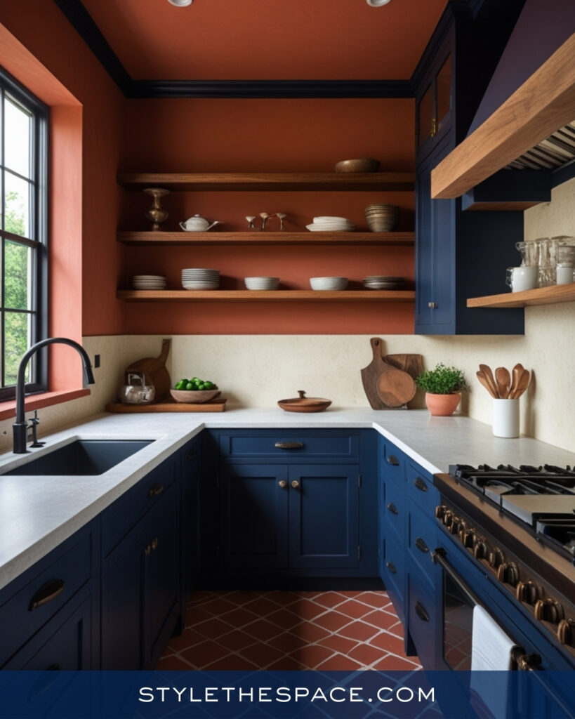 Navy Blue Kitchen With Warm Terracotta Tones